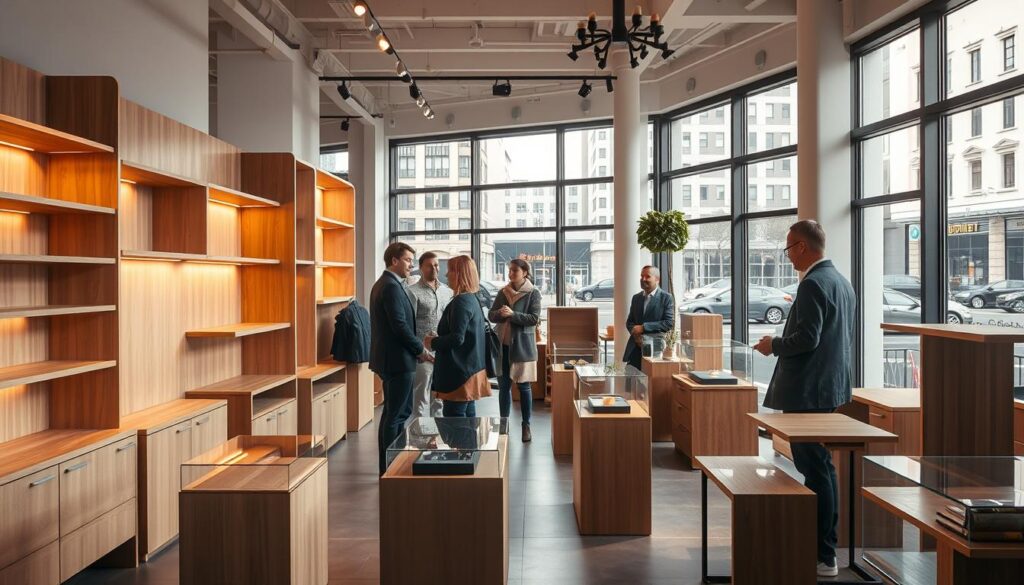 A cozy, well-lit showroom displaying various custom-designed furniture pieces for retail stores. In the foreground, a collection of modern, minimalist display stands and shelves in warm wood tones. In the middle ground, several satisfied customers examining the high-quality craftsmanship and discussing their positive experiences. The background features large windows overlooking the bustling streets of Berlin, casting a soft, natural light throughout the space. The overall atmosphere exudes professionalism, attention to detail, and a deep understanding of the needs of retail businesses.