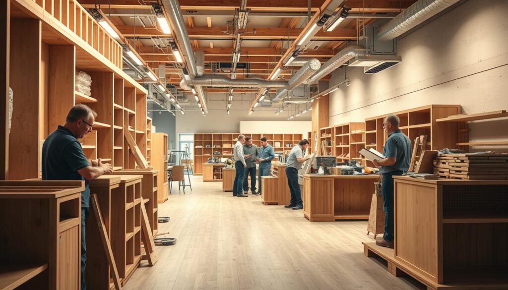 A detailed, cutaway view of a commercial store construction process, illuminated by warm, natural lighting. In the foreground, carpenters carefully assemble wooden fixtures and cabinetry, while in the middle ground, electricians wire lighting systems and HVAC technicians install climate control equipment. In the background, a team of designers reviews architectural plans, finalizing the layout and decor. The scene conveys a sense of collaborative, methodical progress, capturing the various stages of transforming an empty space into a fully realized, functional retail environment.