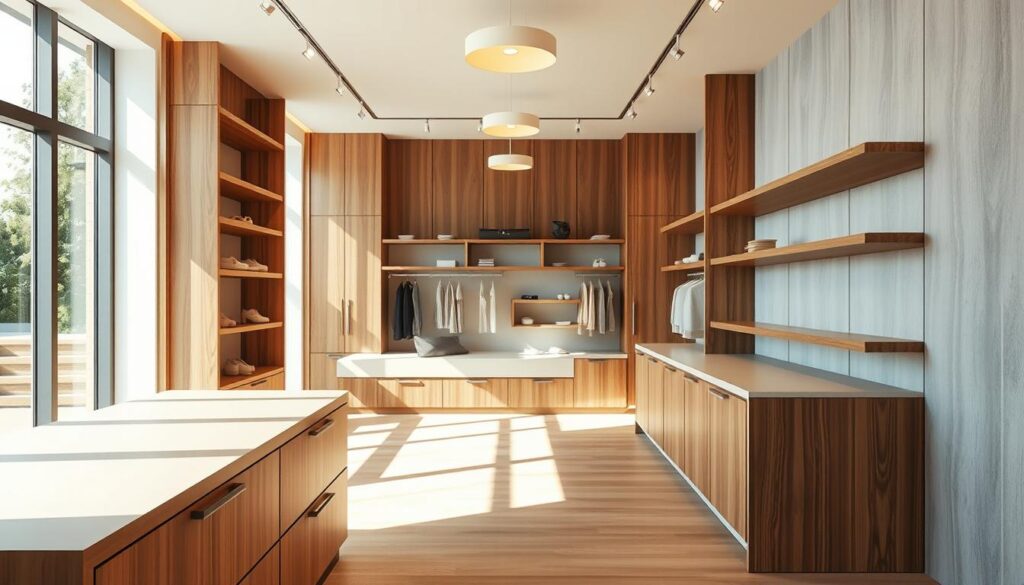 A high-quality, well-lit interior scene showcasing a range of sustainable, durable materials for a modern fashion boutique. In the foreground, display shelves and cabinetry crafted from rich, natural wood with clean lines and minimalist hardware. Midground features seamless, matte-finished countertops in sleek, neutral tones, complemented by softly textured wall paneling. The background captures ample natural light streaming through large windows, creating a bright, airy ambiance. Subtle, warm lighting fixtures accentuate the premium materials, conveying a sense of quality, craftsmanship, and timeless elegance suitable for a high-end retail space.