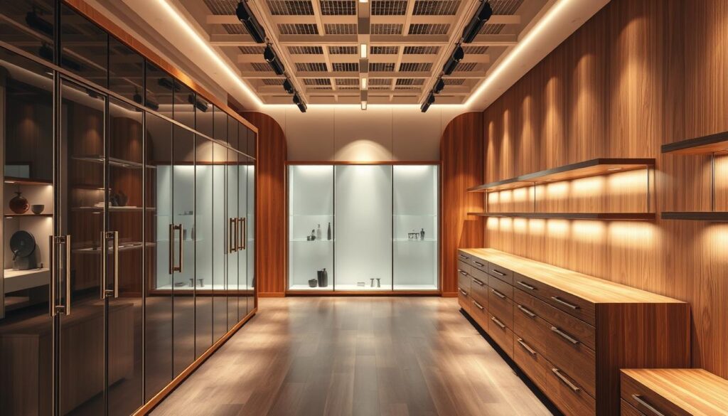 A meticulously crafted showroom displaying an array of premium Ladenbau materials in a warm, inviting ambiance. Gleaming wooden surfaces, smooth glass panels, and sleek metal fixtures are arranged in a harmonious, minimalist layout, illuminated by soft, diffused lighting that casts gentle shadows. The scene conveys a sense of high-quality craftsmanship and attention to detail, showcasing the exceptional materials used in contemporary Ladenbau design. The overall atmosphere is one of sophistication and elegance, effectively capturing the essence of "Hochwertige Ladenbau-Materialien" for the article's targeted audience.