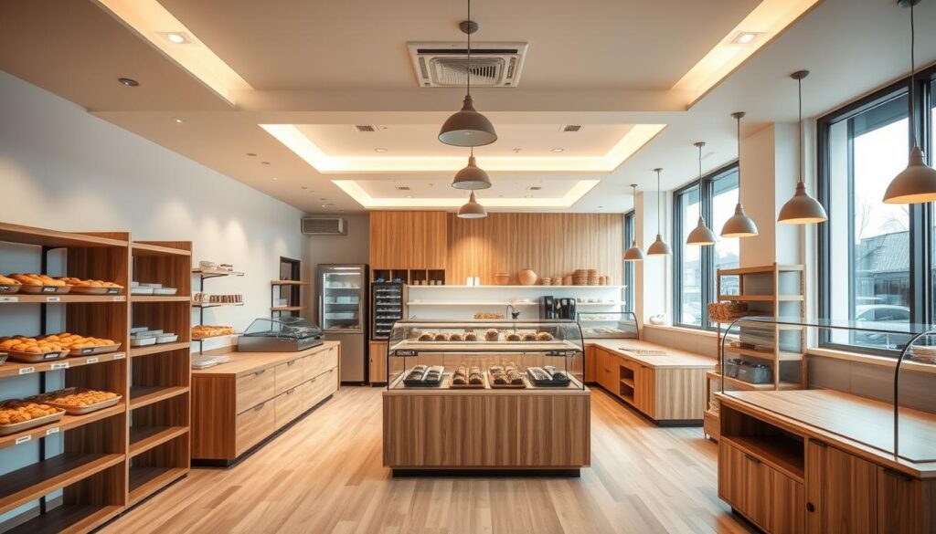 A modern, efficient bakery interior with a warm, inviting atmosphere. A well-lit space featuring clean lines, natural materials, and a sleek, minimalist design. Wooden shelves and countertops complement the bright, airy ambiance, creating an appealing and practical shopping experience. Strategic placement of display cases and storage areas maximizes workflow and customer accessibility. Carefully curated lighting, including recessed and pendant fixtures, illuminates the space and highlights the freshly baked goods. Large windows allow natural light to flood the interior, giving the impression of openness and transparency. An overall sense of harmonious balance between form and function, reflecting a thoughtful, contemporary approach to bakery design.