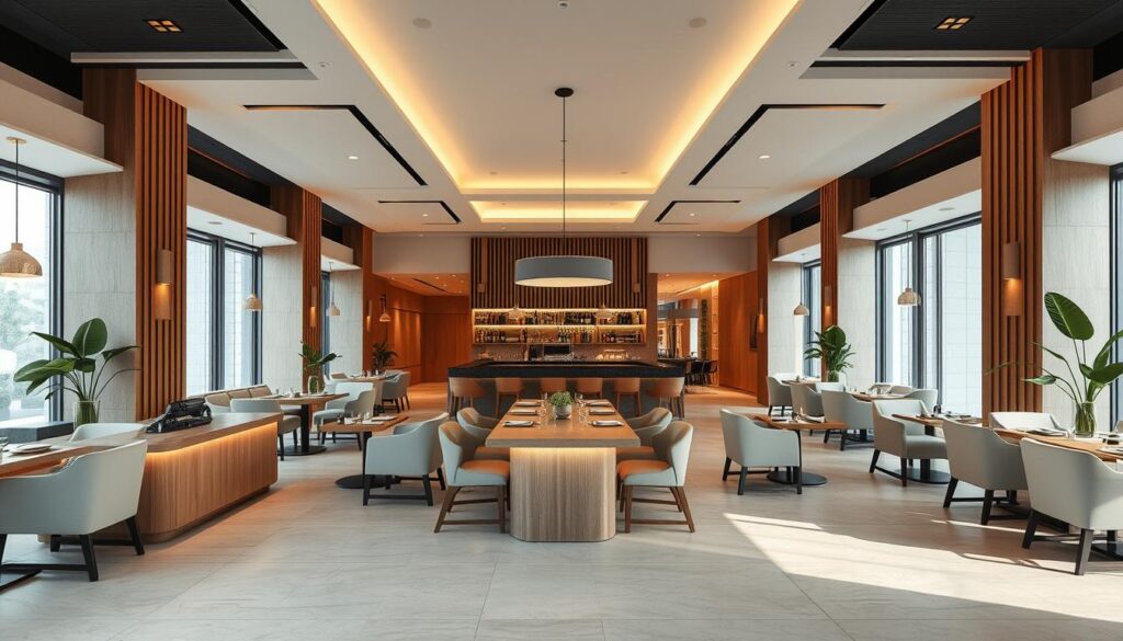 A modern, high-end gastronomy interior with sleek, minimalist design elements. The foreground features clean lines, natural wood accents, and a central focal point like a statement light fixture or bar counter. The middle ground showcases streamlined seating arrangements and a cohesive color palette of neutral tones accentuated by pops of greenery. The background depicts a minimalist, well-lit space with large windows or an open floor plan, creating an airy, inviting ambiance. Warm but sophisticated lighting casts a subtle glow throughout, enhancing the luxurious yet functional aesthetic. Overall, the image conveys a refined, contemporary gastronomy design concept that aligns with the section title.