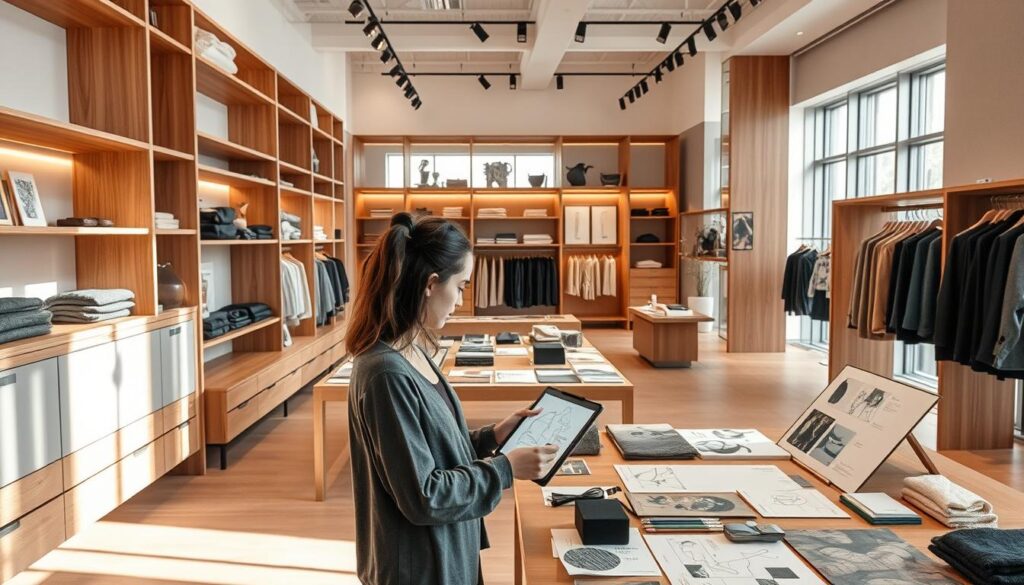 A modern, minimalist boutique interior showcasing a meticulous design process. Sleek wooden shelves and display units arranged in a harmonious layout, complemented by warm lighting that casts soft shadows. In the foreground, a designer sketches concept drawings on a tablet, immersed in the creative flow. The middle ground features fabric swatches, material samples, and mood boards, conveying the attention to detail and personalization. The background depicts a spacious, airy showroom with large windows, allowing natural light to illuminate the thoughtfully curated space. An atmosphere of thoughtful curation, artistic inspiration, and refined aesthetics permeates the scene.