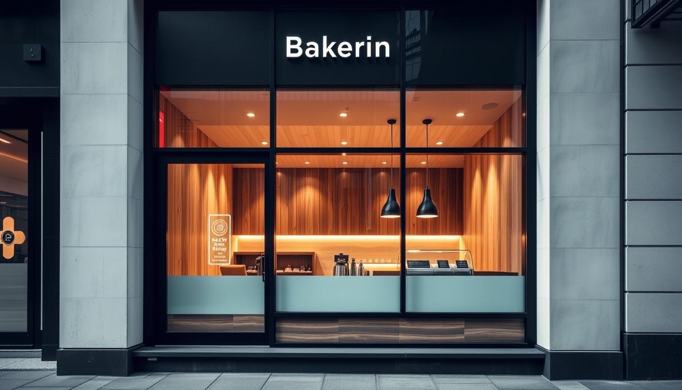 A modern, minimalist facade of a Berlin bakery, showcasing innovative store design by Real Pro Bau. The storefront features sleek, floor-to-ceiling windows that flood the interior with natural light. Wooden accents and clean lines create a warm, inviting atmosphere. Subtle branding elements, such as a discreet logo, are tastefully integrated. The scene is captured from a low angle, emphasizing the building's architectural features. Soft, diffused lighting casts gentle shadows, highlighting the textures and materials. The surrounding urban landscape provides a subtle, unobtrusive backdrop, allowing the bakery's innovative design to take center stage.