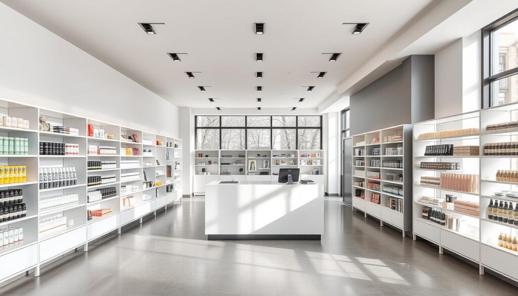 A modern, minimalist retail space in Berlin, filled with natural light and clean lines. In the foreground, sleek, custom-designed shelving units display a range of high-quality products. The mid-ground features a central cashier's desk with a minimalist design, positioned to facilitate efficient customer flow. The background showcases an airy, spacious layout with large windows, allowing natural light to flood the space. The overall atmosphere is one of sophistication, functionality, and attention to detail, reflecting the precision and expertise of the Real Pro Bau planning and implementation process.