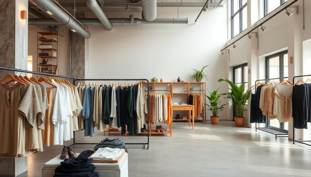 A modern, sustainable fashion store with a clean, minimalist interior. In the foreground, neatly arranged clothing racks display eco-friendly garments made from natural, renewable materials. Reclaimed wood and concrete accents create an industrial-chic ambiance. Soft, diffused lighting illuminates the space, highlighting the high ceilings and large windows that let in plenty of natural light. In the background, potted plants and energy-efficient LED lighting fixtures reinforce the store's commitment to environmental responsibility. An overall calm, inviting atmosphere that reflects the store's ethical, sustainable ethos.