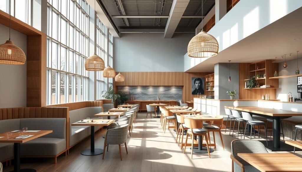 A modern, visually striking restaurant interior with a warm, inviting atmosphere. The space features a minimalist, Scandinavian-inspired design, with natural wood accents, clean lines, and abundant natural light streaming in through large windows. The layout is open and airy, with a mix of comfortable seating arrangements, including banquettes, tables, and bar stools. Carefully curated lighting, both ambient and task-oriented, creates a cozy ambiance. The color palette is muted and soothing, with shades of gray, beige, and soft blues complementing the natural wood tones. Subtle textural elements, such as woven pendant lights and plush upholstery, add depth and visual interest. Overall, the space exudes a sense of refined elegance and modern sophistication.