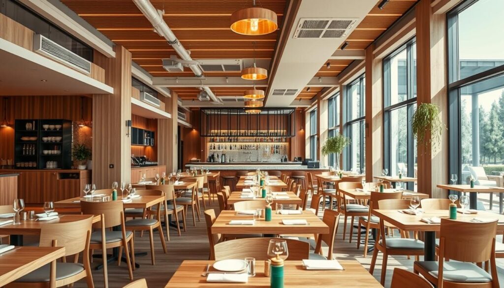A modern, well-designed gastronomic establishment with a warm, inviting atmosphere. The interior features clean lines, natural materials, and strategic lighting to create a harmonious, functional space. Wooden tables and chairs, complemented by sleek, minimalist decor elements, occupy the foreground. In the middle ground, a visually striking bar or open kitchen area showcases the culinary expertise within. The background reveals large windows or an open layout, allowing natural light to flood the space and give it an airy, spacious feel. The overall impression is one of sophisticated simplicity, reflecting the attention to detail and tailored solutions that cater to diverse gastronomic concepts.