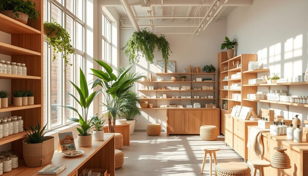 A serene, well-lit interior of an eco-friendly retail space, bathed in natural light filtering through large windows. Sleek, minimalist wooden shelves and countertops, complemented by lush potted plants and recycled materials. Soft, neutral tones create a calming ambiance, while sustainably sourced furniture and fixtures convey a sense of environmental consciousness. Carefully curated sustainable products are displayed prominently, their packaging and branding reflecting the store's commitment to sustainability. The overall atmosphere is one of modern, sustainable elegance, inviting customers to discover and engage with the store's ethical offerings.