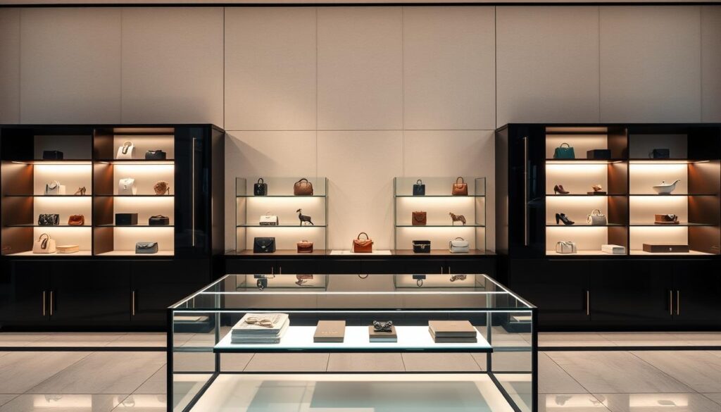 A sleek, modern storefront display showcasing meticulously curated products. In the foreground, a minimalist glass display case highlights several high-end merchandise, bathed in warm, diffused lighting. The middle ground features elegant shelving units, strategically arranged to create a visually appealing layout. In the background, a seamless, neutral-toned wall serves as a clean, unobtrusive backdrop, allowing the products to take center stage. The overall atmosphere conveys a sense of sophistication, drawing the viewer's attention to the carefully crafted visual merchandising and effective product presentation.