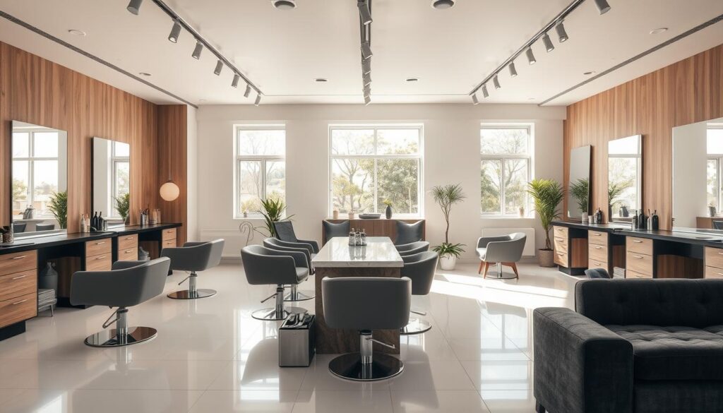 A sun-drenched, modern Friseursalon interior. The spacious, airy room features sleek, minimalist styling with light wood accents and gleaming white tiles. Stylish, high-backed salon chairs in muted gray sit in a semicircle, facing large, wall-mounted mirrors that reflect the natural light pouring in through floor-to-ceiling windows. An elegant, central styling station is the focal point, complete with a marble countertop and modern, chrome-finished hardware. Plush, charcoal-colored couches and potted plants create a warm, inviting atmosphere, while track lighting subtly illuminates the space. The overall aesthetic is one of understated sophistication and attention to detail, perfectly suited for a high-end Friseursalon.
