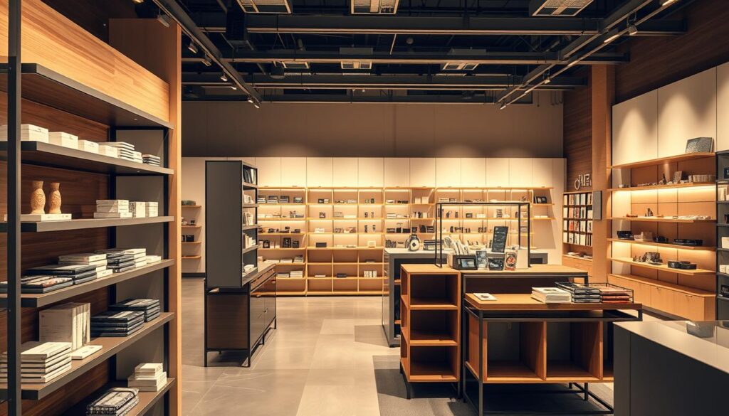 A well-lit retail display showcasing a variety of contemporary shelving systems. In the foreground, sleek metal and wood shelves exhibit various consumer products. The middle ground features modular units with adjustable compartments, allowing for flexible product arrangement. In the background, minimalist wall-mounted racks and freestanding units complement the streamlined aesthetic. The lighting is warm and directional, casting subtle shadows that accentuate the geometrical forms. The overall composition conveys a sense of sophistication and functionality, suitable for a high-end retail environment.