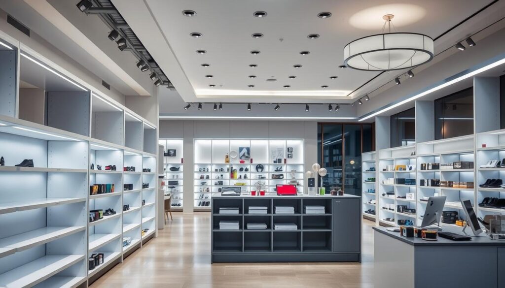 A well-lit retail space featuring custom-designed, industry-specific fixtures and displays. The foreground showcases sleek, modular shelving units tailored to showcase a variety of products. The middle ground presents stylish, recessed lighting and a clean, minimalist aesthetic, creating a streamlined, professional atmosphere. In the background, elegant décor and subdued colors evoke a sense of sophistication and attention to detail, reflecting the high-quality, specialized solutions for the discerning retailer. The overall scene conveys a harmonious, tailored shopping experience that caters to the unique needs of the business.
