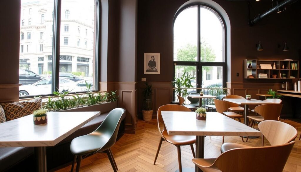 Ein modernes Café mit stilvollen Tischen und einer einladenden Atmosphäre