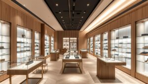 Elegant and modern interior design of a high-end boutique, showcasing a harmonious blend of natural wood, sleek glass displays, and minimalist metal accents. Soft, diffused lighting creates a warm, inviting atmosphere, highlighting the carefully curated merchandise. Clean lines, geometric patterns, and a neutral color palette evoke a sense of sophistication and exclusivity. The layout features strategically placed shelving, angled display tables, and recessed lighting to guide the customer's gaze and enhance the shopping experience. The overall impression is one of refined simplicity, where the focus remains on the products being showcased.