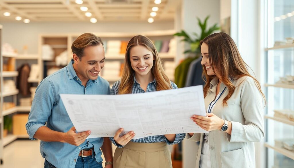 Generiere ein Bild von einem freundlichen Ladenbau-Team, das einen Kunden bei der Planung seiner Ladeneinrichtung unterstützt.