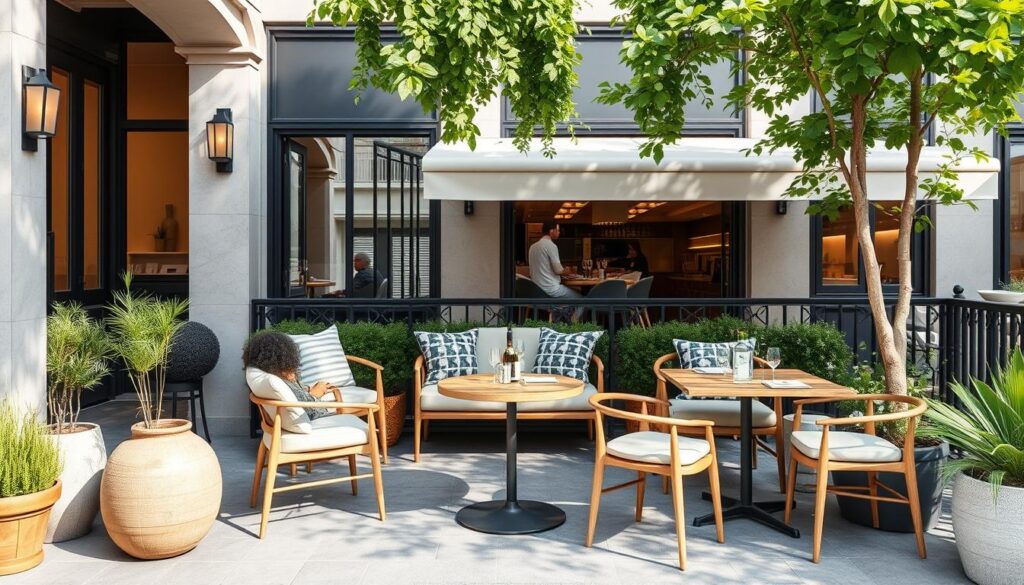 Generieren Sie ein Bild von Outdoor-Möbeln für eine Gastronomie-Terrasse in Berlin.