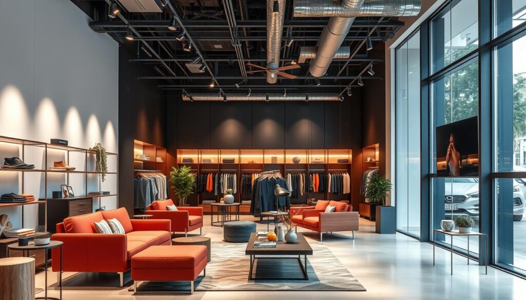 Generieren Sie ein Bild von einem modern gestalteten Shop-Innenraum