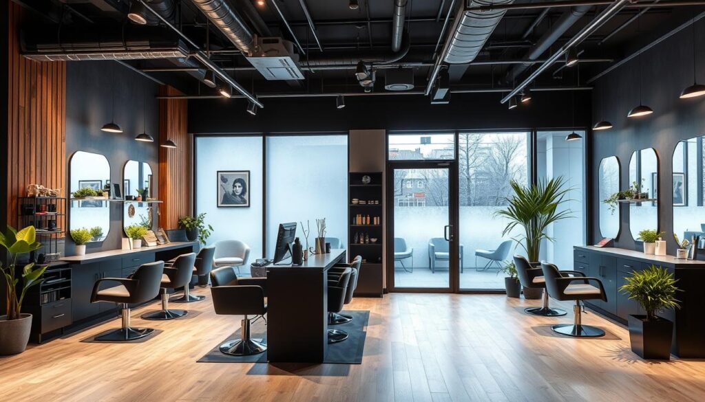 Generieren Sie ein Bild von einem modernen Friseursalon in Berlin
