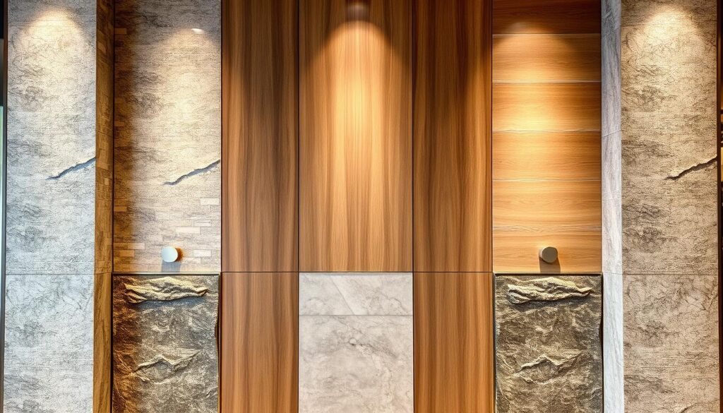 High-quality wall design featuring natural materials and textures, showcasing sleek and modern aesthetics. A focal wall in a shop setting, with a mix of wood paneling, stone tiles, and metallic accents, creating a visually striking and cohesive design. Soft lighting illuminates the textures, casting gentle shadows and highlighting the material interplay. The overall composition evokes a sense of luxury, sophistication, and attention to detail, perfectly suited for an upscale retail environment. The image should convey a premium, curated aesthetic that captivates and inspires visitors.