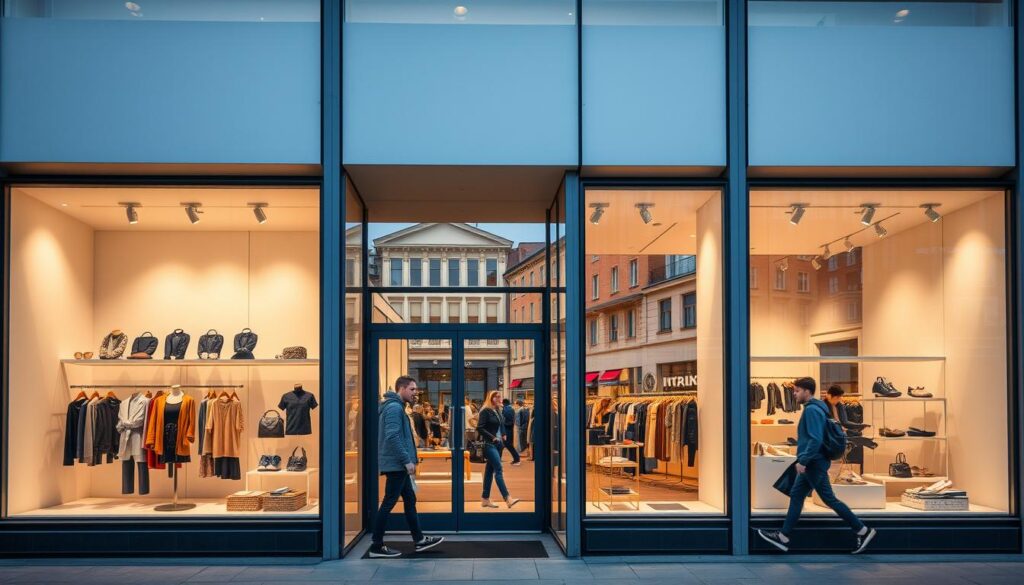 A modern and stylish retail space in the heart of Berlin, with large windows showcasing the latest fashion and lifestyle products. Clean lines, minimalist decor, and warm lighting create an inviting atmosphere. Shoppers browse the curated selection, while the storefront reflects the vibrant city streets outside. The storefront's sleek facade blends seamlessly with the surrounding architecture, creating a cohesive and visually striking urban landscape. The image captures the evolution of brick-and-mortar retail, highlighting the importance of thoughtful design and a unique shopping experience in the digital age.