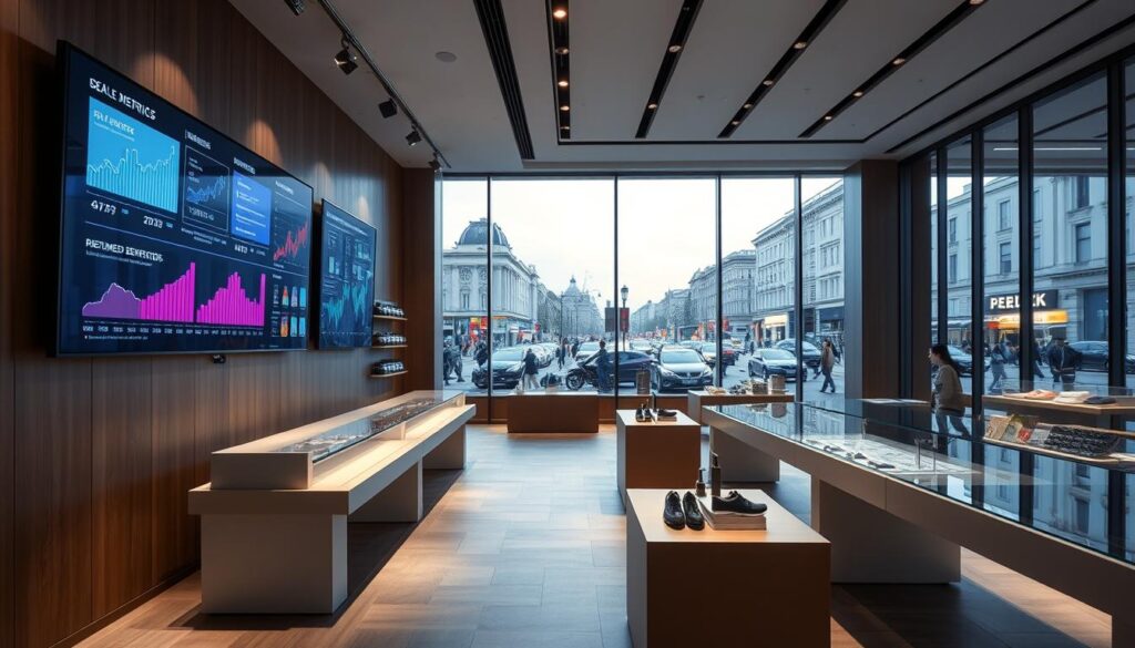 A modern retail interior with a focus on optimization and data-driven design. In the foreground, a large wall-mounted display showcases real-time sales metrics and customer behavior analytics, illuminated by subtle track lighting. The middle ground features sleek, minimalist product displays arranged in an efficient, modular layout, encouraging seamless customer navigation. In the background, an expansive panoramic window offers a glimpse of the bustling streets of Berlin, blending the store's digital and physical realms. The overall atmosphere is one of sophisticated, data-driven innovation, perfectly aligned with the article's focus on successful retail strategies.
