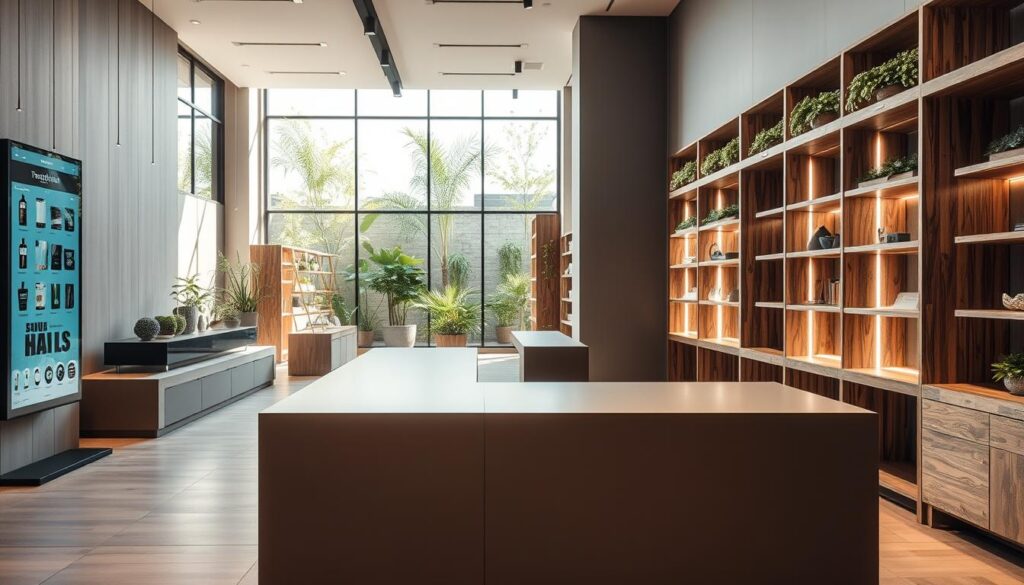 A modern retail space featuring sleek, sustainable materials and cutting-edge technologies. The foreground showcases a minimalist display counter, its surface a smooth, eco-friendly composite. Behind it, a towering digital display panel presents dynamic product information. The middle ground reveals a series of modular shelving units, their frames crafted from reclaimed wood and their surfaces adorned with embedded LED lighting. In the background, a large window offers a glimpse of a lush, plant-filled outdoor courtyard, bathed in warm, natural light. The overall atmosphere conveys a harmonious blend of advanced functionality and environmental consciousness, setting the stage for a sophisticated and immersive shopping experience.