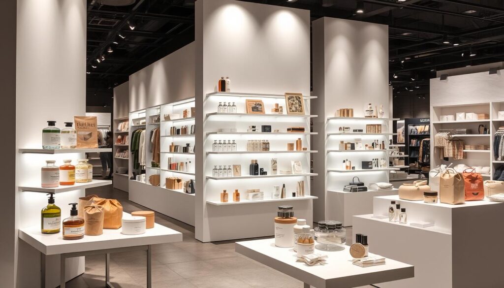 A retail display showcasing cross-merchandising examples, captured in a well-lit, modern store setting. An assortment of complementary products are artfully arranged on sleek, minimalist shelves and tables, creating visually appealing product pairings and vignettes. Soft, directional lighting from above and sides gently accentuates the textures and colors of the merchandise, drawing the viewer's eye to the creative product combinations. The overall scene conveys a sense of thoughtful, efficient product presentation intended to drive increased sales through strategic cross-selling.