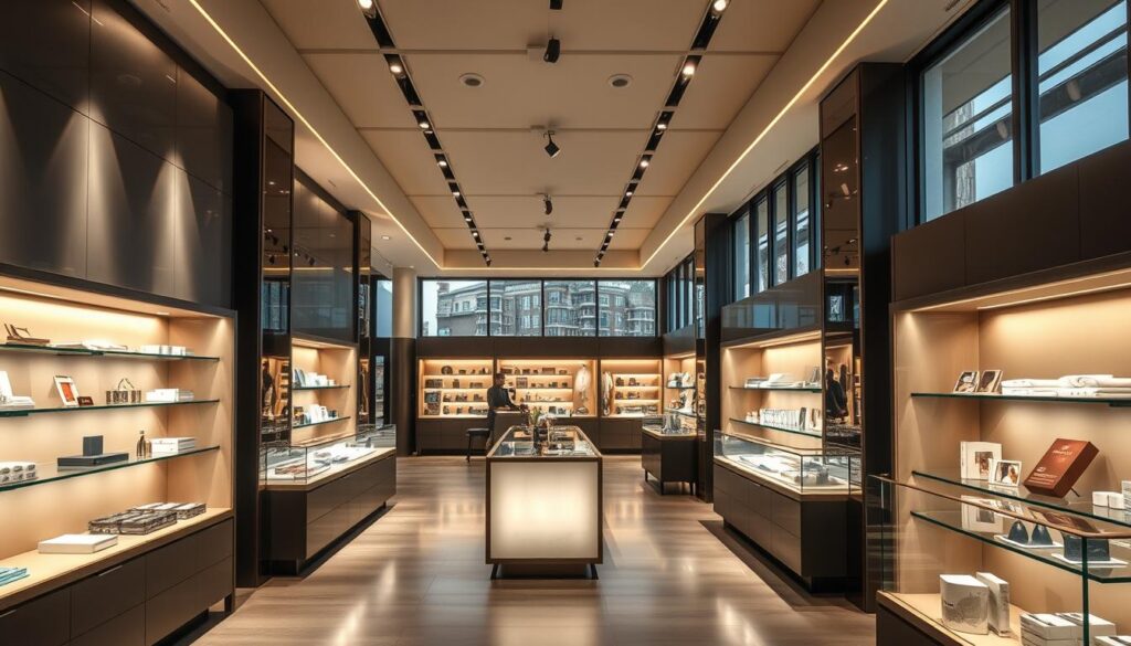 A well-lit and inviting retail space showcasing a diverse range of products. Soft, warm lighting illuminates sleek, modern shelving units and display cases, creating an atmosphere of sophistication and attention to detail. Strategically placed spotlights highlight specific items, drawing the customer's eye and enticing them to explore further. The overall lighting design seamlessly blends functionality and aesthetics, creating a visually captivating environment that encourages browsing and enhances the shopping experience. Subtle accent lighting adds depth and dimension, while large windows allow natural light to flood the space, creating a sense of openness and transparency. The lighting scheme perfectly complements the high-quality materials and well-curated product selection, elevating the overall presentation and fostering a memorable and successful retail journey.