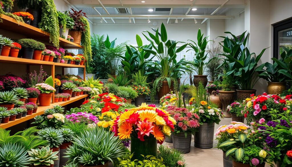 A well-lit flower shop interior, with an abundance of lush, vibrant plants and blooming flowers arranged in visually striking displays. The foreground showcases an assortment of potted succulents, ferns, and flowering plants on elegant wooden shelves, their colors and textures creating a natural, organic appeal. In the middle ground, clusters of fresh-cut flowers in vases and buckets draw the eye, their petals radiating warmth and vitality. The background features tall, leafy plants in ornate planters, strategically placed to create a sense of depth and a verdant, serene ambiance. Soft, diffused lighting from overhead sources accentuates the natural beauty of the flora, casting gentle shadows and highlights to create a welcoming, inviting atmosphere.