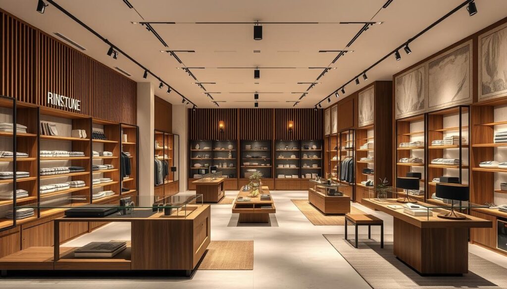 An elegant and modern interior design for a retail outlet, showcasing a harmonious blend of natural materials, minimalist furnishings, and strategic lighting. A spacious and inviting showroom with clean lines, earthy tones, and a touch of industrial chic. Sleek shelving units, wooden accents, and subtle branding elements create a cohesive and visually appealing customer experience. The layout encourages flow and exploration, with carefully curated product displays that highlight the quality and craftsmanship of the merchandise. Diffused overhead lighting and warm wall sconces set a serene and welcoming atmosphere, emphasizing the attention to detail and commitment to a seamless brand identity.