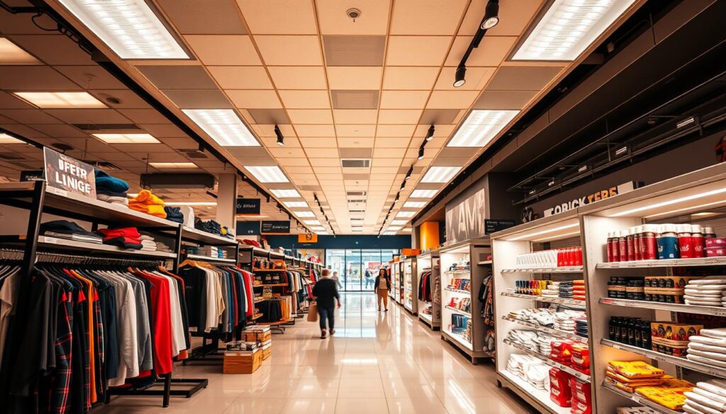 Generieren Sie ein Bild von einem gut beleuchteten Ladenlokal mit modernen LED-Lichtsystemen